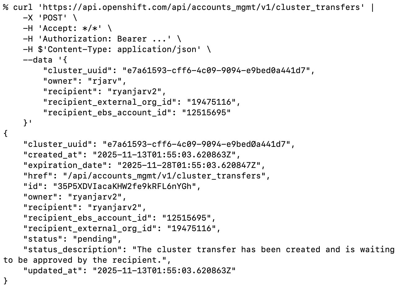 initiate cluster transfer request